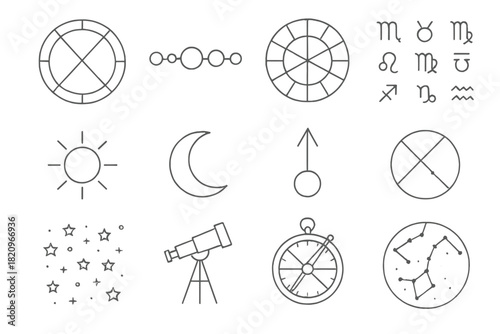Cosmic Analysis Icons. Line style icons of Cosmic Analysis: Birth Chart, Planetary Alignment, House Division, Zodiac Symbols; Sun