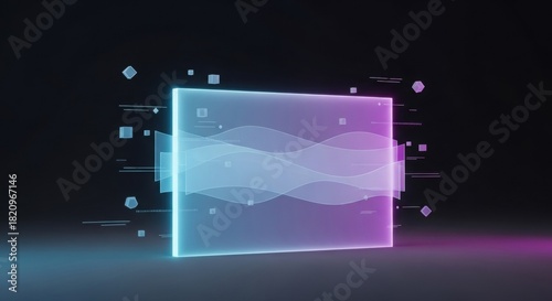 Futuristic glowing screen with flowing digital waves and geometric particles in neon blue and pink light on a dark background.