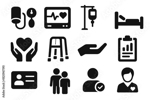 Patient Care Icons. Solid style icons of Patient care: blood pressure cuff, heart monitor, IV drip stand, hospital bed, care hands