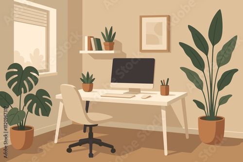 Modern Office Interior. Modern home vector illustration office interior with a clean white desk and indoor plants, illuminated by