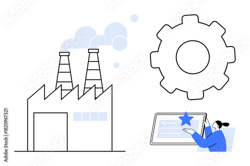 Factory, chimneys emitting smoke, gear symbolizing production, worker inspecting certification. Ideal for industry, manufacturing, technology, quality control, certification automation process