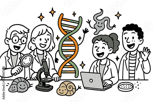 Whimsical Biomolecule Workshop. Playful doodle ancient biomolecule workshop with cheerful students, cartoon DNA strands and