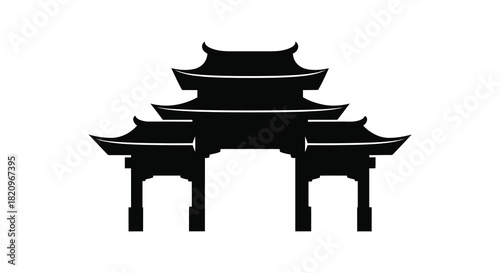 Traditional chinese gate architecture black and white silhouette