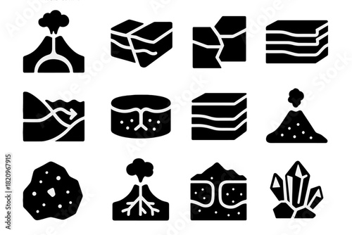 Volcano Geology Icons. Solid style icons of Volcano-related geology: magma chamber, tectonic plate, fault line, subduction zone,
