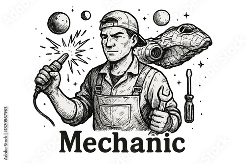 Man is holding a tool and the word "mechanic" is written below him