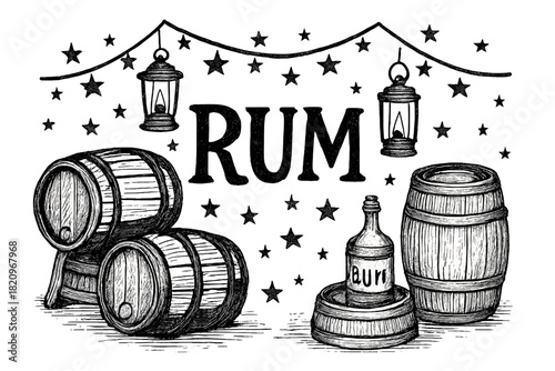Black and white drawing of a bottle of rum and two barrels