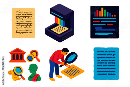 Palimpsest Research Tools. Isometric vector illustration set Palimpsest studies: faded manuscript pages, multispectral scanners,