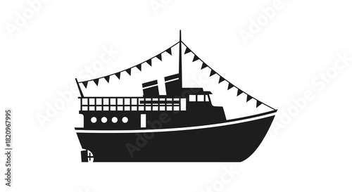 Fishing boat with pennants on mast black silhouette