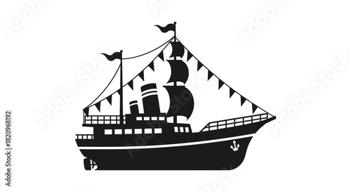 Vintage paddle steamer boat with flags and chimneys silhouette
