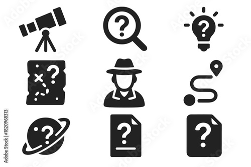Icons of Curiosity. Solid style icons of Curiosity: telescope with ?, magnifying glass mark, discovery question, space mystery,