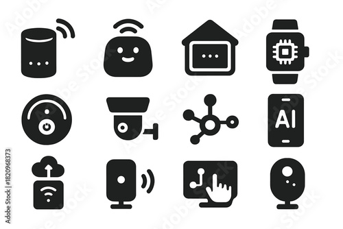 Smart Device Icons. Solid style icons of Smart devices: smart speaker, AI assistant, home hub, smart watch, robot vacuum, security