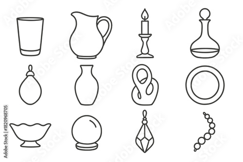 Line Art Glass Icons. Line style icons of glass art creations: drinking glass, pitcher, candlestick, wine decanter; glass ornament