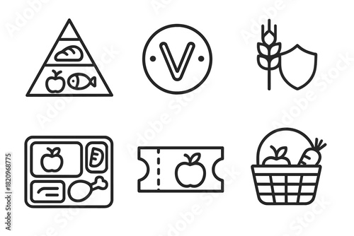 Nutrition Icons Collection. Line style icons of Nutrition and Access: food pyramid, vitamin symbol, fortified grains, school meal