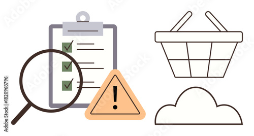 Magnifying glass, clipboard with checklist, caution sign, shopping basket, and cloud. Ideal for quality control, auditing, compliance caution online shopping cloud technology efficiency. Clean