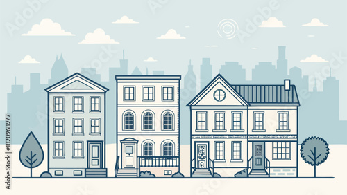 Charming suburban street with classic homes and a city skyline, perfect for real estate marketing, neighborhood blogs, and community-focused advertising campaigns