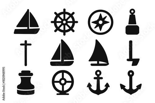 Sailing Essentials Icons. Solid style icons of Sailing essentials: sailboat, rudder, nautical compass, buoy, mast, mainsail, jib