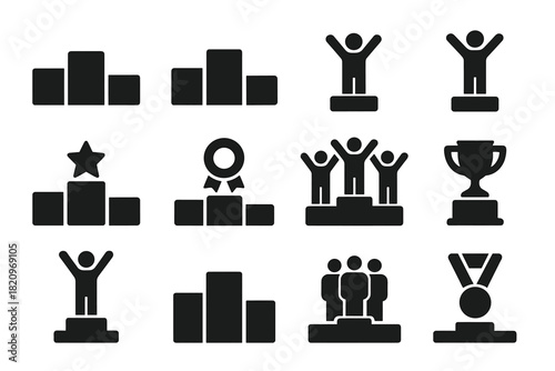 Podium Icons Collection. Solid style icons of Podium winners: 1st place podium, 2nd place podium, 3rd place podium, champion stand