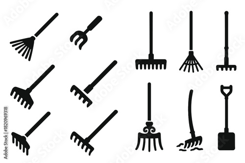 Raking Tools Icons. Solid style icons of Raking Tools: wooden rake, small hand rake, wide rake, long-handled rake, rake with