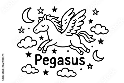 Horse with wings flying in the sky and the word Pegasus written below it