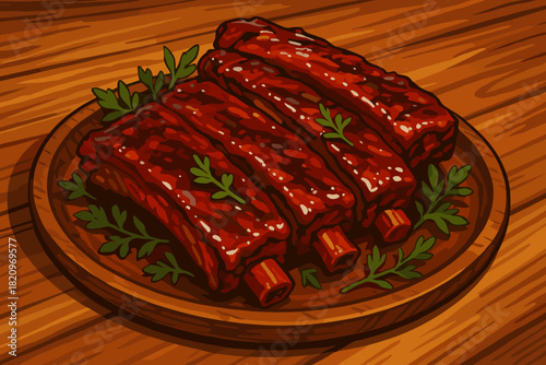 Glazed BBQ Ribs. Glazed barbecue ribs served on a rustic wooden plate, garnished with fresh herbs, rich warm tones, inviting and