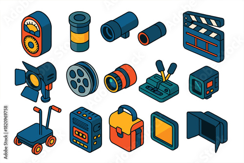 Analog Film Essentials. Isometric vector illustration set Analog Film: retro light meter, metal film canister, director’s