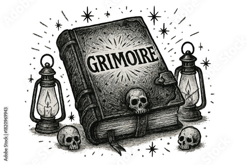 Book with the title Grimoire is shown with skulls and candles