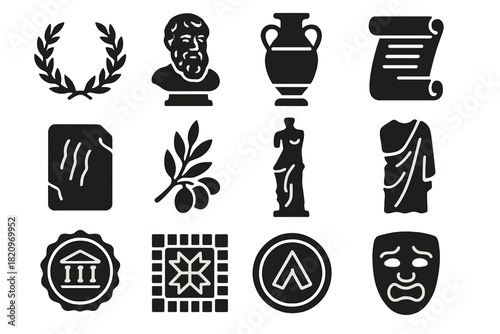 Ancient Greek Icons. Solid style icons of Ancient Greek Features: laurel wreath, philosopher bust, amphora vase, scroll icon,