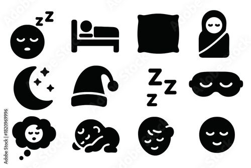 Sleep Icon Set. Solid style icons of Sleep: sleeping face, person in bed, pillow icon, blanket sleep, moon with stars, nightcap,