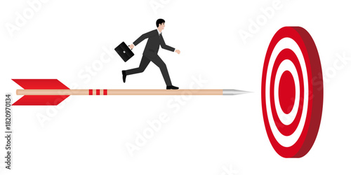 Businessman Running toward Target. Goal Achievement and Success Business Concept.   