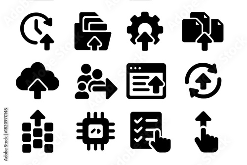 Automation Upload Icons. Solid style icons of automation and batch uploads: scheduled upload, mass file upload, auto-upload icon,