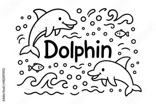 Black and white drawing of two dolphins with the word Dolphin written in white