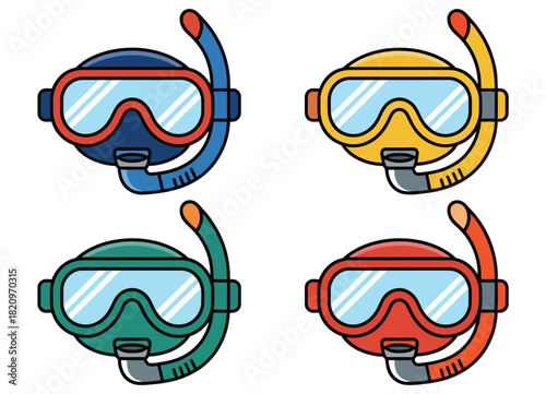 A collection of four colorful snorkel masks, each with a distinct hue, are displayed in a grid, ready for underwater exploration and aquatic adventures.