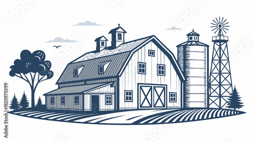 Charming vintage barn and windmill landscape, evoking rural tranquility and agricultural heritage, ideal for nostalgic designs and country-themed projects