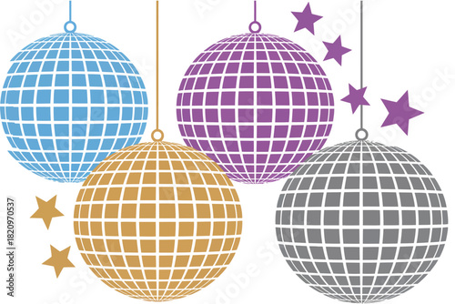 Four colorful disco balls in blue, purple, gold, and gray hang suspended with decorative stars against a white background, evoking a festive party atmosphere.
