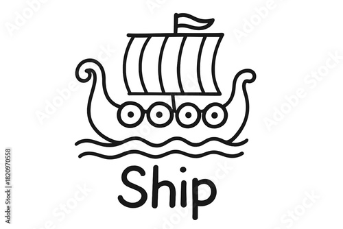 Black and white drawing of a ship
