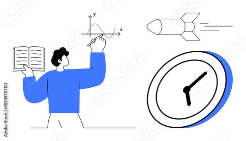 Person holding book, analyzing graph, rocket depicts exploration, clock indicates time management. Ideal for education, science, progress, planning analytics innovation study. A simple flat