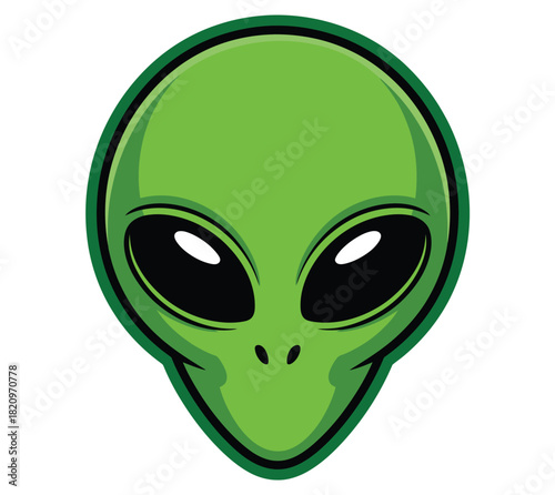 A stylized, cartoonish illustration of a green alien's head with large black eyes and a small nose, set against a white background.