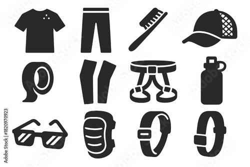 Climbing Gear Icons. Solid style icons of Climbing apparel and accessories: breathable shirt, stretch pants, chalk brush, mesh hat
