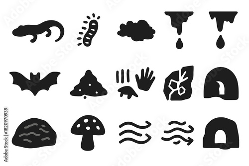 Cave Life Icons. Solid style icons of hidden cave life: Blind salamander, bioluminescent worm, moss patch, dripping water, bat