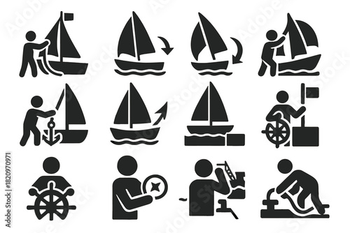Sailing Maneuvers Icons. Solid style icons of Sailing maneuvers and actions: hoisting sail, tacking turn, jibing motion, reefing
