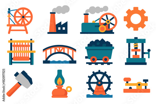 Industrial Revolution Icons. Flat vector icons of Industrial Revolution: spinning jenny, factory chimney, steam engine, gear,