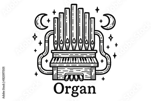 Black and white drawing of a keyboard with a pipe organ on top