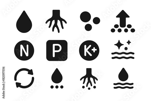 Nutrient Absorption Icons. Solid style icons of Nutrient Absorption: water droplet, root hair, soil minerals, absorption arrow,