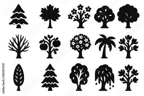 Seasonal Trees Icons. Solid style icons of Seasonal trees: snow-covered pine, autumn maple, spring blossom tree, summer oak, bare