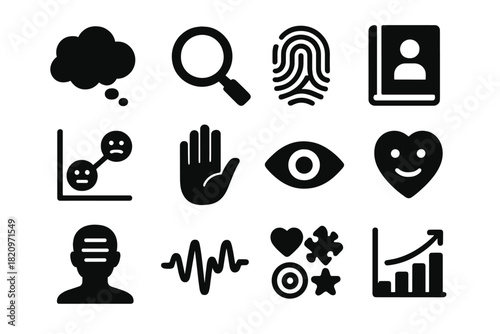 Character Analysis Icons. Solid style icons of Character analysis: thought bubble, magnifying glass, fingerprint, diary, mood