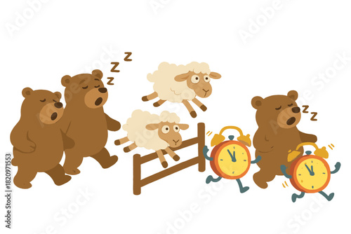 Dreamland Disorder Parade. Common sleep disorders parade with snoring bears, restless sheep jumping fences, and glowing alarm