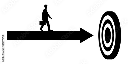 Businessman Walking toward Target Silhouette. Goal Achievement and Success Business Concept.   