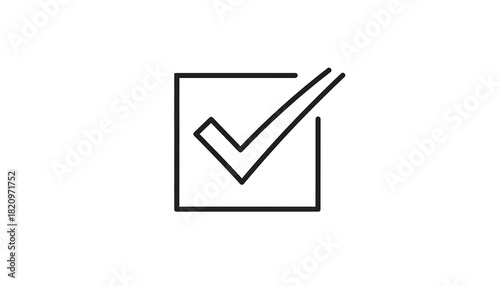 A simple black check mark inside a square, presented in a minimalist, line-art style on a stark white background