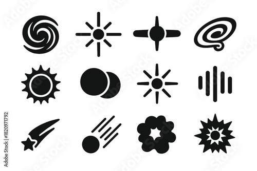 Cosmic Phenomena Icons. Solid style icons of Phenomena: black hole swirl, pulsar star, quasar beam, wormhole, solar eclipse, lunar