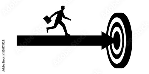 Businessman Running toward Target Silhouette. Goal Achievement and Success Business Concept.   